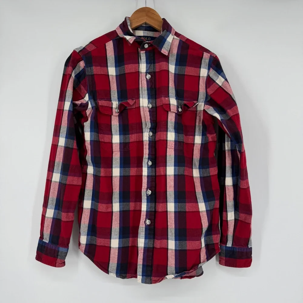 Polo Ralph Lauren Mens Naval Res Plaid Flannel Shirt Red Blue Small